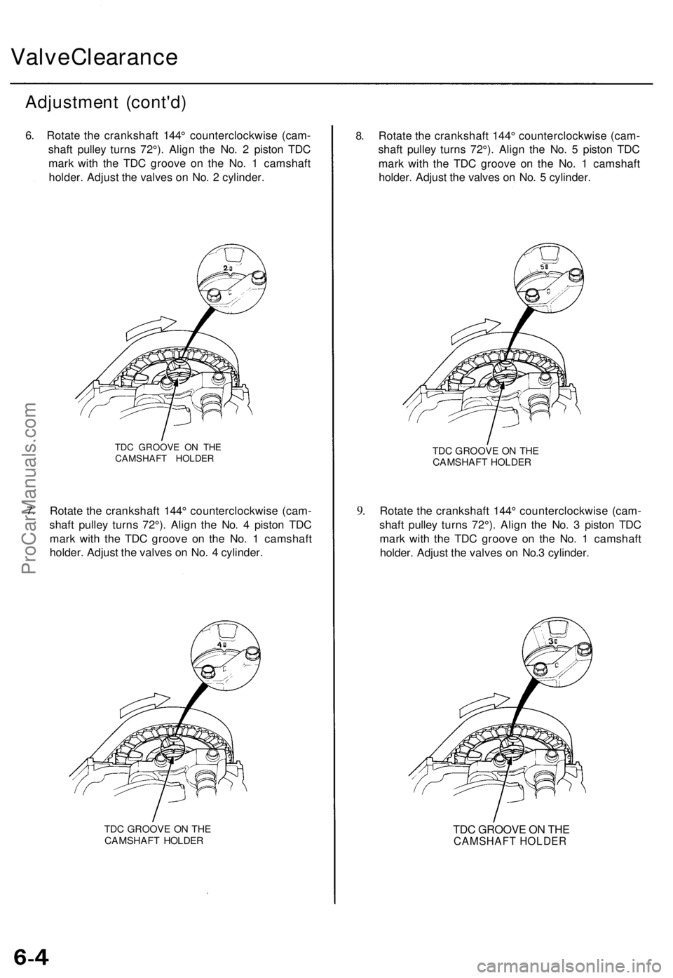 ACURA TL 1995  Service Repair Manual Valve Clearanc e
Adjustmen t (cont'd )
6. Rotat e th e crankshaf t 144 ° counterclockwis e (cam -
shaf t pulle y turn s 72°) . Alig n th e No . 2  pisto n TD C
mar k wit h th e TD C groov e o n 