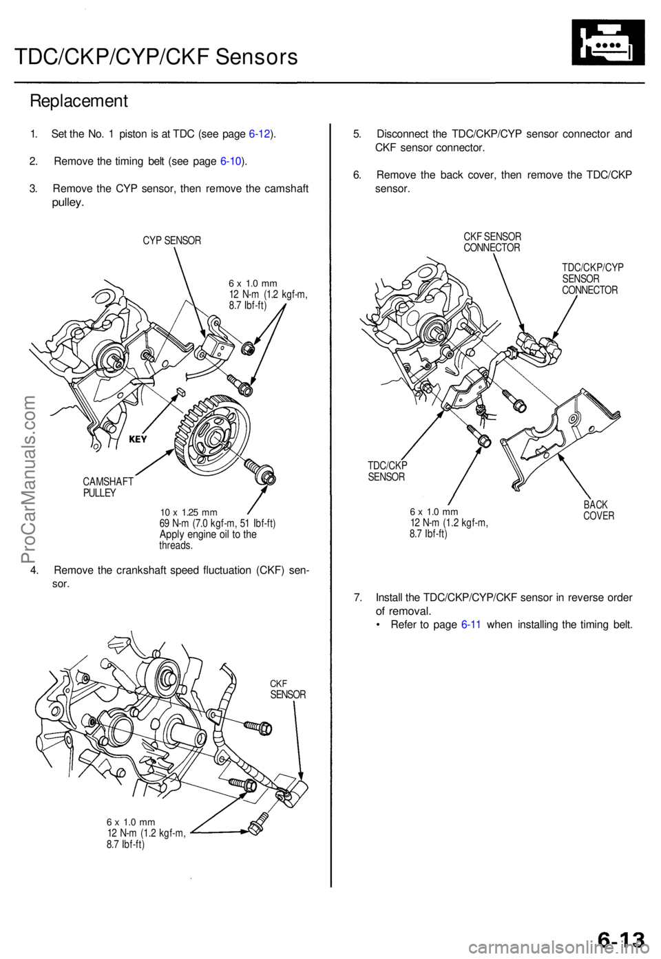 ACURA TL 1995  Service Repair Manual TDC/CKP/CYP/CKF Sensor s
Replacemen t
1. Se t th e No . 1  pisto n is a t TD C (se e pag e 6-12 ).
2 . Remov e th e timin g bel t (se e pag e 6-10 ).
3 . Remov e th e CY P sensor , the n remov e th e 