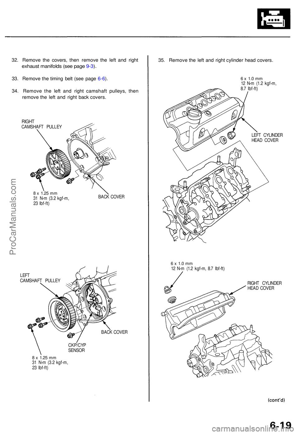 ACURA TL 1995  Service Repair Manual 32. Remov e th e covers , the n remov e th e lef t an d righ t
exhaus t manifold s (se e pag e 9-3 ).
33 . Remov e th e timin g bel t (se e pag e 6-6 ).
34 . Remov e th e lef t an d righ t camshaf t p
