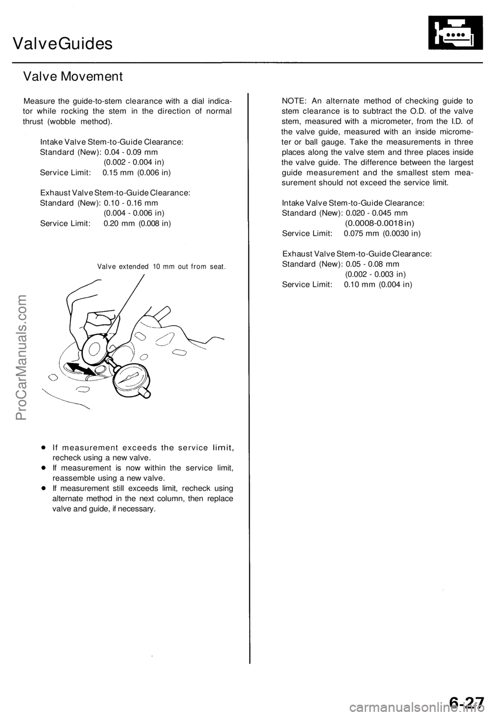 ACURA TL 1995 Service Repair Manual
Valve Guides
Valve Movement
Measure the guide-to-stem clearance with a dial indica-
tor while rocking the stem in the direction of normal
thrust (wobble method).
Intake Valve Stem-to-Guide Clear ACURA TL 1995 Service Repair Manual
Valve Guides
Valve Movement
Measure the guide-to-stem clearance with a dial indica-
tor while rocking the stem in the direction of normal
thrust (wobble method).
Intake Valve Stem-to-Guide Clear
