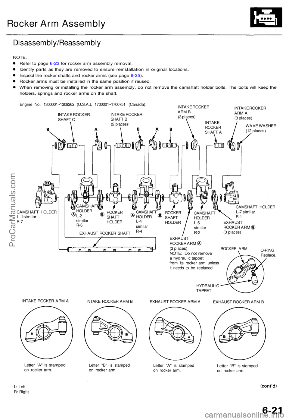 ACURA TL 1995 Service Repair Manual Rocker Ar m Assembl y
Disassembly/Reassembl y
NOTE:
Refer t o pag e 6-2 3 fo r rocke r ar m assembl y removal .
Identif y part s a s the y ar e remove d t o ensur e reinstallatio n i n origina l loca ACURA TL 1995 Service Repair Manual Rocker Ar m Assembl y
Disassembly/Reassembl y
NOTE:
Refer t o pag e 6-2 3 fo r rocke r ar m assembl y removal .
Identif y part s a s the y ar e remove d t o ensur e reinstallatio n i n origina l loca