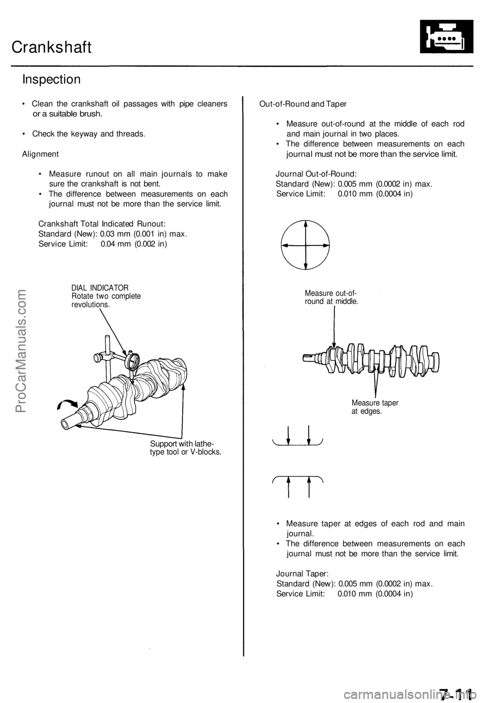 ACURA TL 1995  Service Repair Manual Crankshaft
Inspection
• Clean  the crankshaf t oi l passage s wit h pip e cleaner s
or a  suitabl e brush .
• Chec k th e keywa y an d threads .
Alignmen t
•  Measur e runou t o n al l mai n jou
