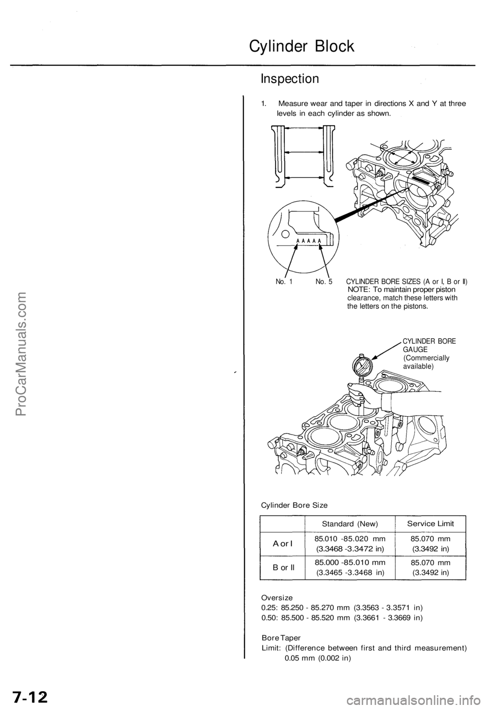 ACURA TL 1995  Service Repair Manual Cylinder Bloc k
Inspectio n
1. Measur e wea r an d tape r i n  direction s X  an d Y  at thre e
level s i n eac h cylinde r a s shown .
No. 1  No . 5  CYLINDE R BOR E SIZE S ( A  o r I , B  or Il )NOT