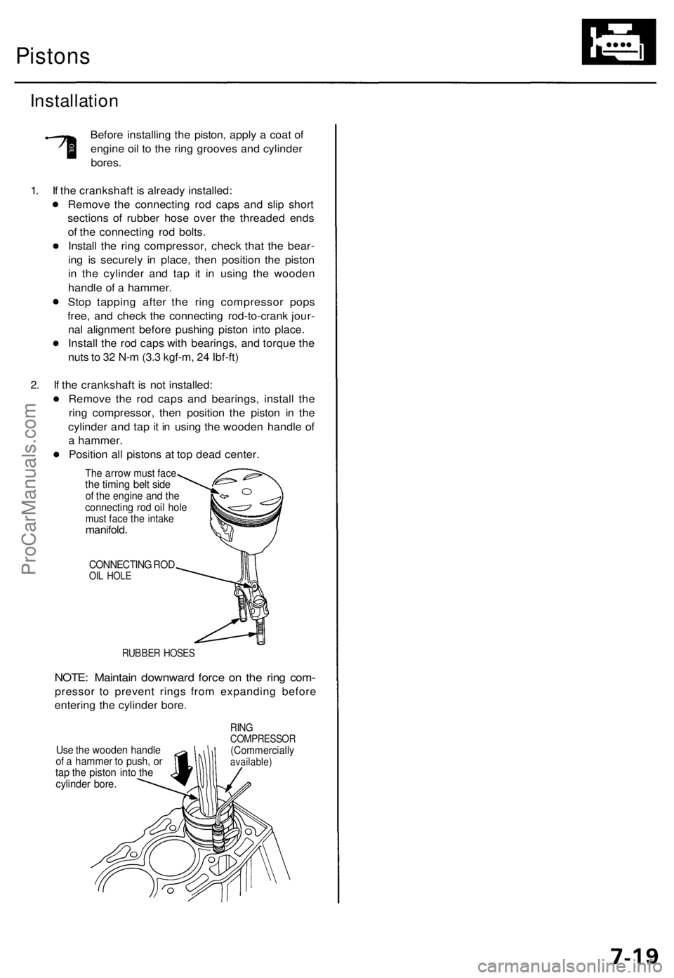 ACURA TL 1995 Service Repair Manual
Pistons
Installation
Before installing the piston, apply a coat of
engine oil to the ring grooves and cylinder
bores.
1. If the crankshaft is already installed:
Remove the connecting rod caps a ACURA TL 1995 Service Repair Manual
Pistons
Installation
Before installing the piston, apply a coat of
engine oil to the ring grooves and cylinder
bores.
1. If the crankshaft is already installed:
Remove the connecting rod caps a