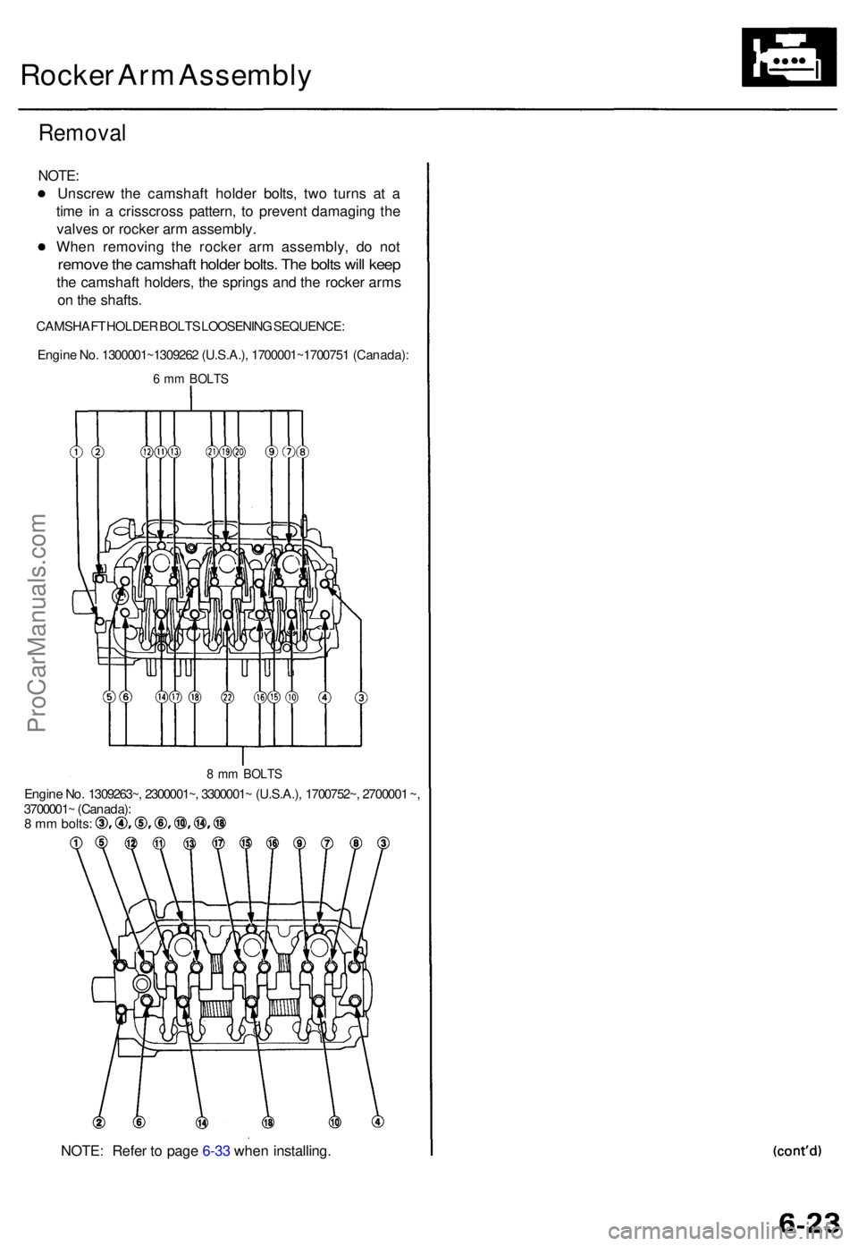 ACURA TL 1995  Service Repair Manual Rocker Ar m Assembl y
Removal
NOTE:
Unscre w th e camshaf t holde r bolts , tw o turn s a t a
tim e i n a  crisscros s pattern , t o preven t damagin g th e
valve s o r rocke r ar m assembly .
Whe n r