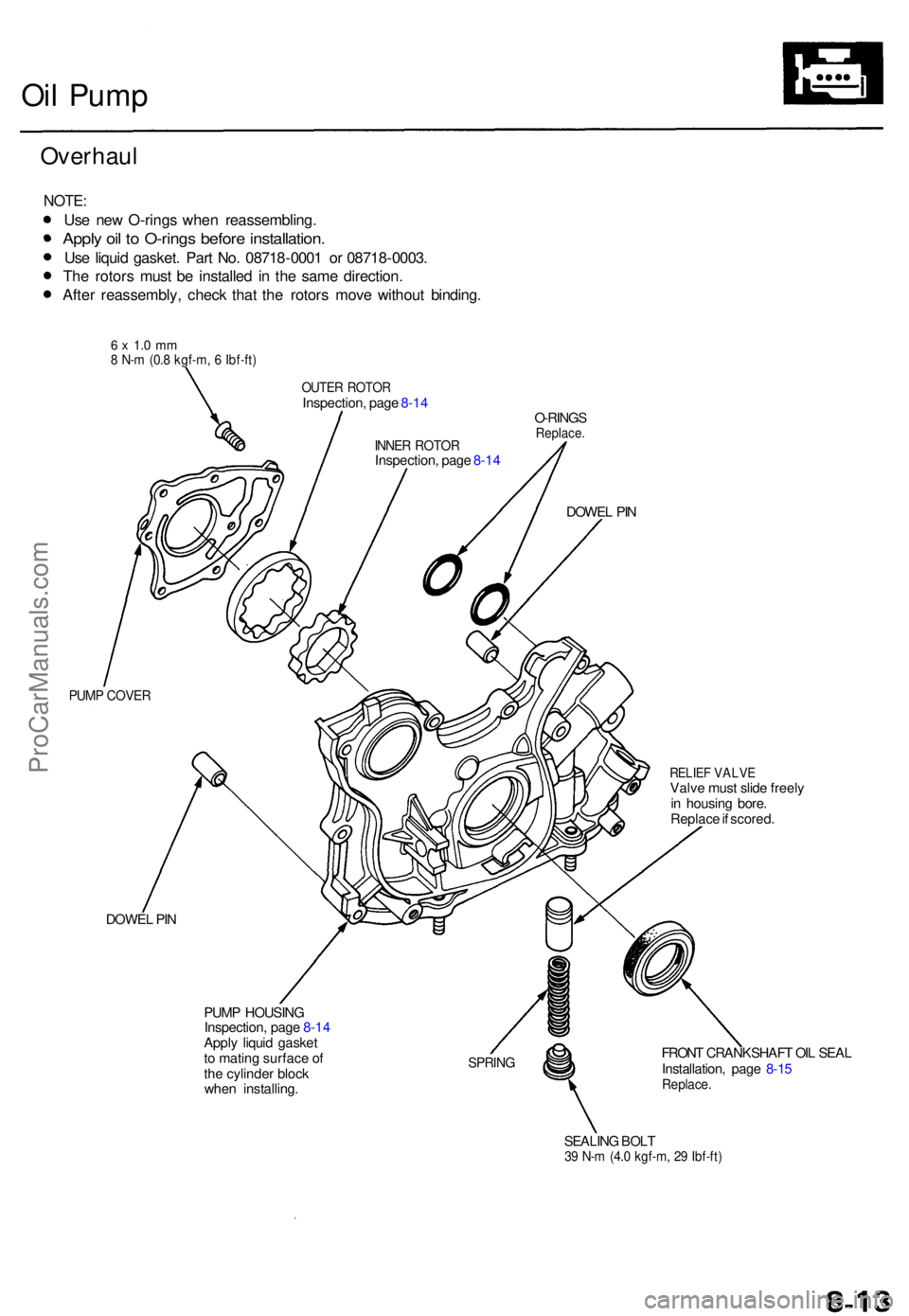 ACURA TL 1995  Service Repair Manual Oil Pum p
Overhau l
NOTE:
Use ne w O-ring s whe n reassembling .
Apply oi l t o  O-ring s befor e installation .
Use liqui d gasket . Par t No . 0871 8-000 1 o r 0871 8-0003 .
Th e rotor s mus t b e i