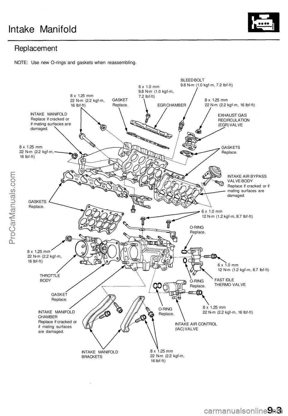 ACURA TL 1995 Service Repair Manual Intake Manifol d
Replacemen t
NOTE: Us e ne w O-ring s an d gasket s whe n reassembling .
8 x 1.2 5 mm22 N- m (2. 2 kgf-m ,
1 6 Ibf-ft )
6 x 1. 0 m m9.8 N- m (1. 0 kgf-m ,
7. 2 Ibf-ft ) BLEE
D BOL ACURA TL 1995 Service Repair Manual Intake Manifol d
Replacemen t
NOTE: Us e ne w O-ring s an d gasket s whe n reassembling .
8 x 1.2 5 mm22 N- m (2. 2 kgf-m ,
1 6 Ibf-ft )
6 x 1. 0 m m9.8 N- m (1. 0 kgf-m ,
7. 2 Ibf-ft ) BLEE
D BOL