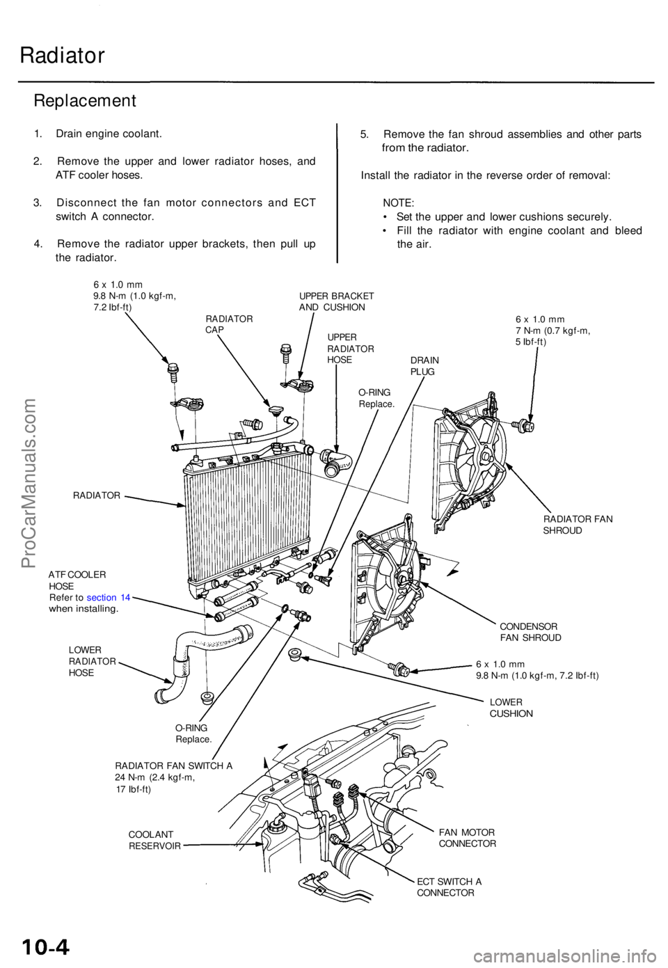 ACURA TL 1995 Service Repair Manual Radiator
Replacemen t
1. Drai n engin e coolant .
2 . Remov e th e uppe r an d lowe r radiato r hoses , an d
AT F coole r hoses .
3 . Disconnec t th e fa n moto r connector s an d EC T
switc h A conn ACURA TL 1995 Service Repair Manual Radiator
Replacemen t
1. Drai n engin e coolant .
2 . Remov e th e uppe r an d lowe r radiato r hoses , an d
AT F coole r hoses .
3 . Disconnec t th e fa n moto r connector s an d EC T
switc h A conn