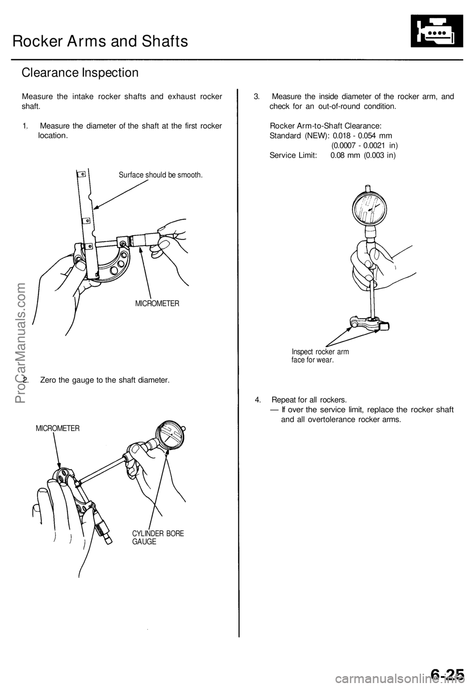 ACURA TL 1995  Service Repair Manual 
Rocker Arms and Shafts

Clearance Inspection

Measure the intake rocker shafts and exhaust rocker

shaft.

1. Measure the diameter of the shaft at the first rocker

location.

Surface should be smoot