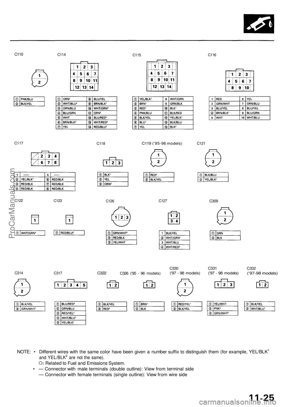 ACURA TL 1995  Service Repair Manual 
C110

C114

C115 
C116

C117

C118 
C119 ('95-96 models) 
C121

C122

C123

C126 
C127

C309

C314

C317 
C322

C326 ('95 - 96 models) 
C330

('97 - 98 models) 
C331

('97 - 98 models