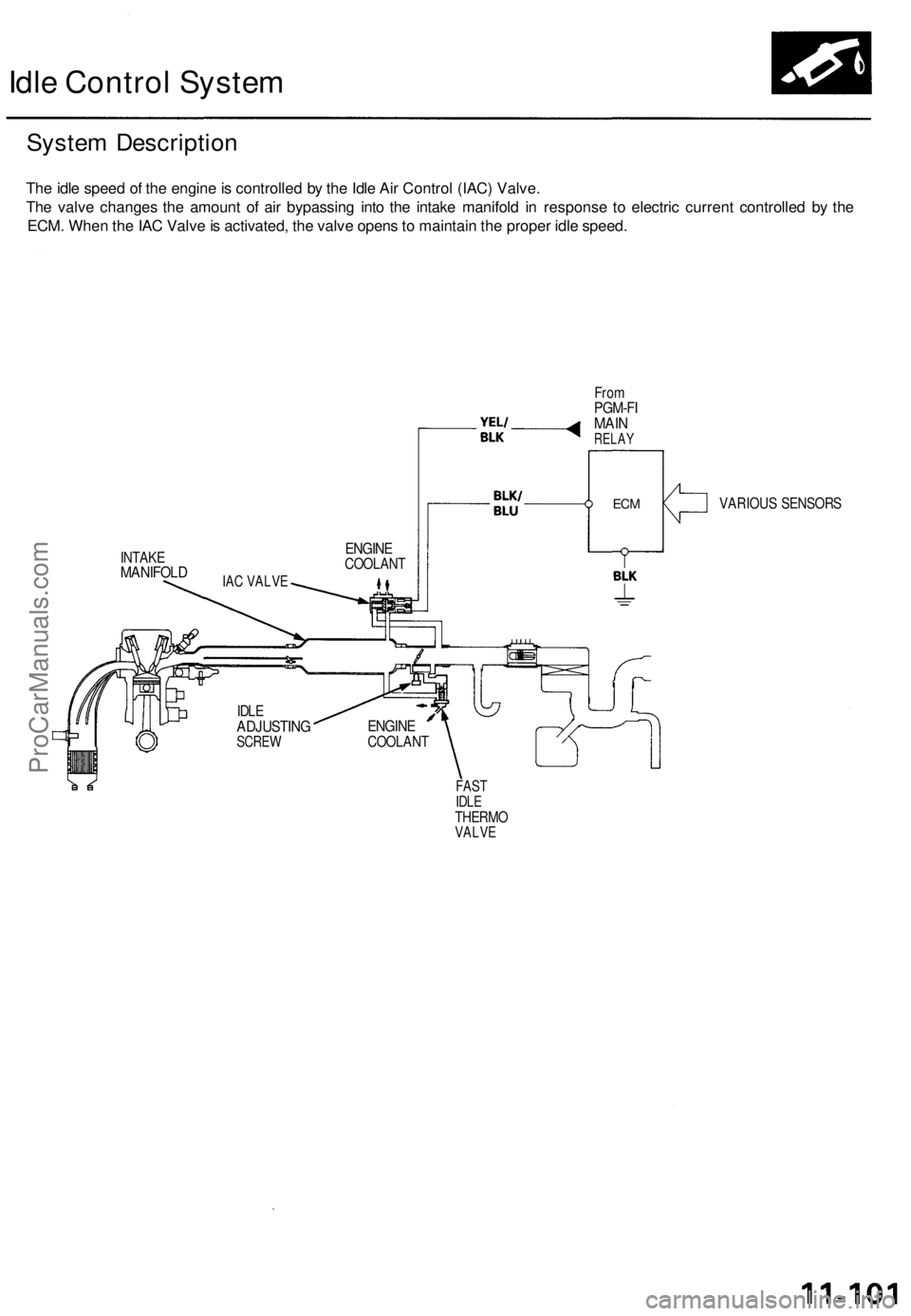 ACURA TL 1995  Service Repair Manual 
Idle Control System

System Description

The idle speed of the engine is controlled by the Idle Air Control (IAC) Valve.

The valve changes the amount of air bypassing into the intake manifold in res