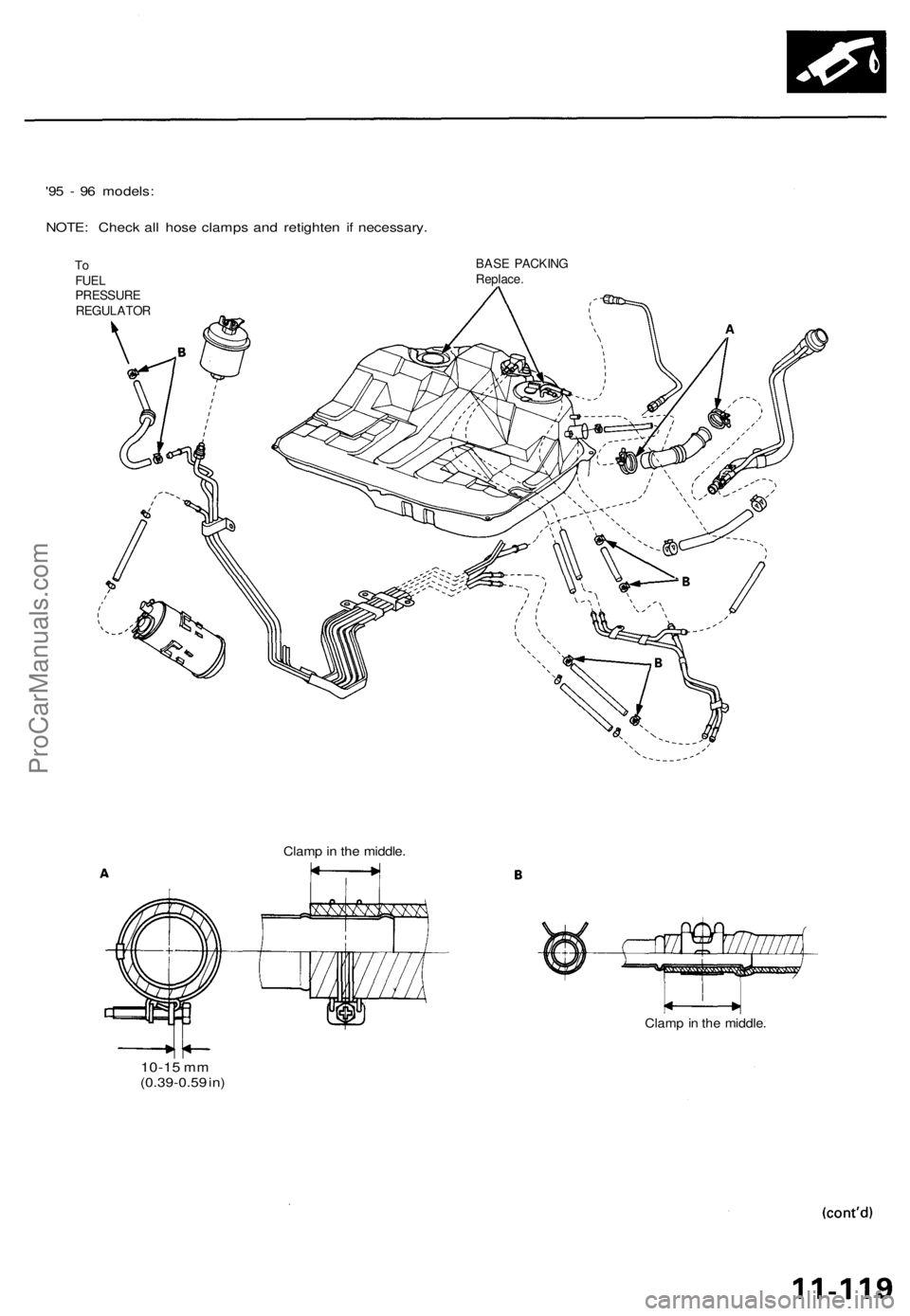 ACURA TL 1995  Service Repair Manual 
'95 - 96 models:

NOTE: Check all hose clamps and retighten if necessary.

To

FUEL

PRESSURE

REGULATOR 
BASE PACKING

Replace.

10-15
 mm

(0.39-0.59 in) 
Clamp in the middle.

Clamp in the mid