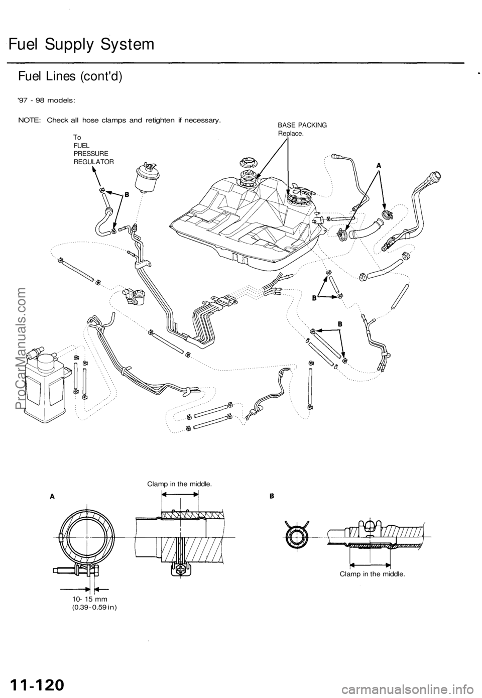 ACURA TL 1995  Service Repair Manual 
Fuel Supply System

Fuel Lines (cont'd)

'97 - 98 models:

NOTE: Check all hose clamps and retighten if necessary.

To

FUEL

PRESSURE

REGULATOR 
BASE PACKING

Replace.

10- 15 mm

(0.39
 -
