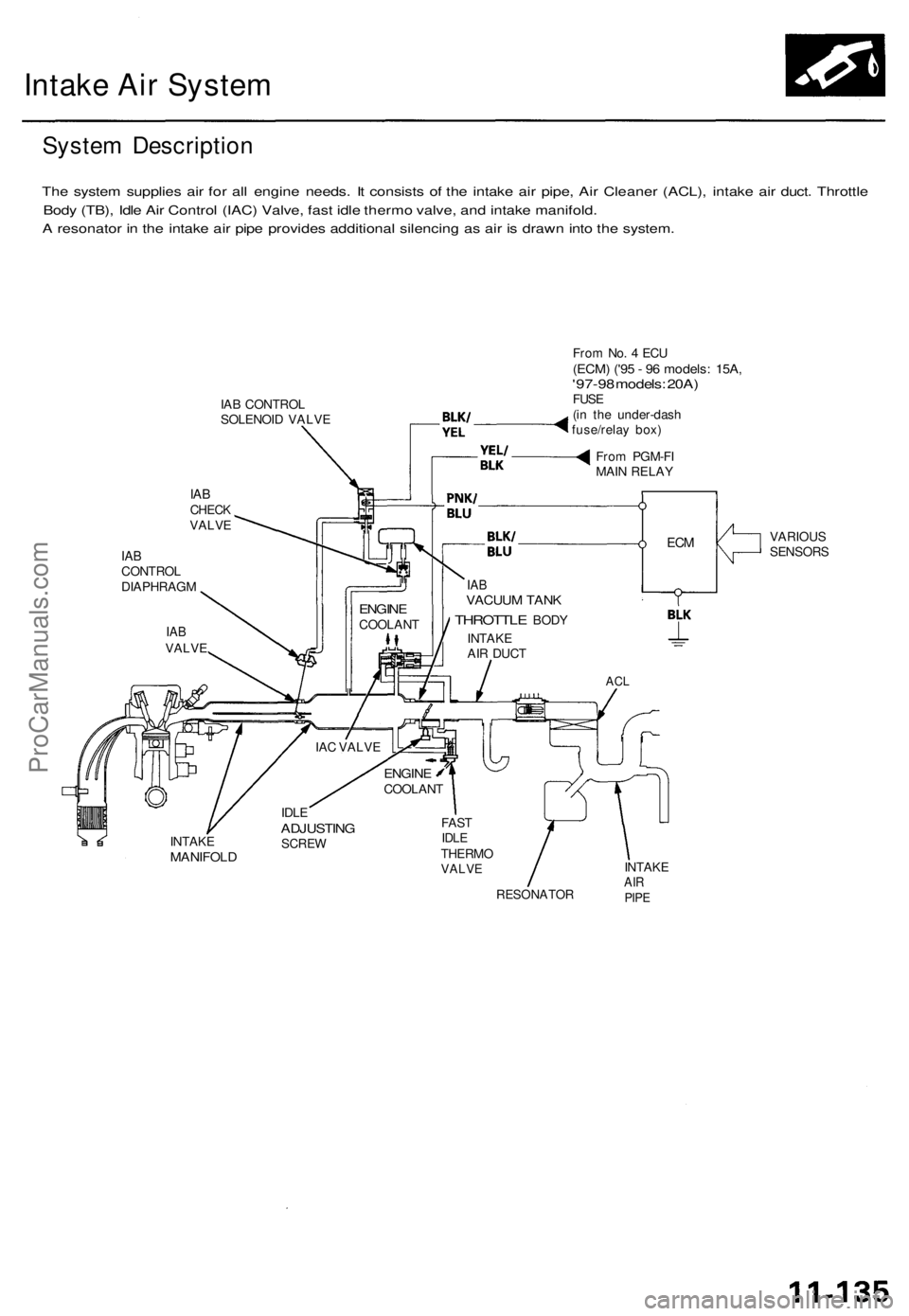 ACURA TL 1995  Service Repair Manual 
Intake Air System

System Description

The system supplies air for all engine needs. It consists of the intake air pipe, Air Cleaner (ACL), intake air duct. Throttle

Body (TB), Idle Air Control (IAC