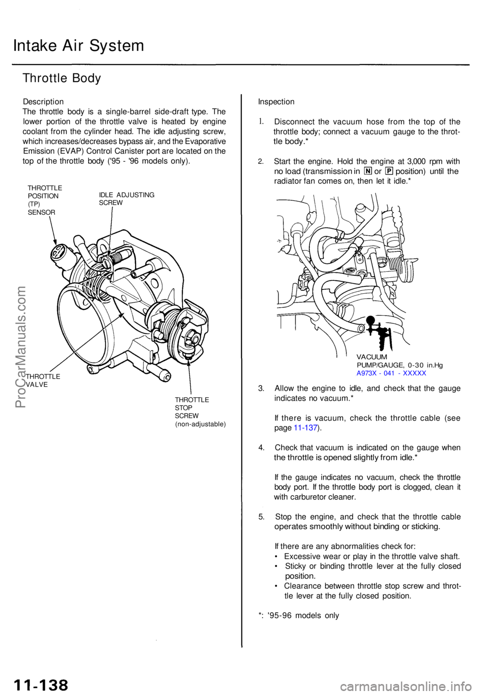 ACURA TL 1995  Service Repair Manual Intake Ai r Syste m
Throttl e Bod y
Descriptio n
The throttl e bod y i s a  single-barre l side-draf t type . Th e
lowe r portio n o f th e throttl e valv e i s heate d b y engin e
coolan t fro m th e