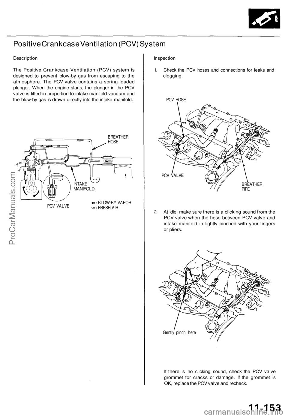 ACURA TL 1995  Service Repair Manual 
Positive Crankcase Ventilation (PCV) System

Description

The Positive Crankcase Ventilation (PCV) system is

designed to prevent blow-by gas from escaping to the

atmosphere. The PCV valve contains 