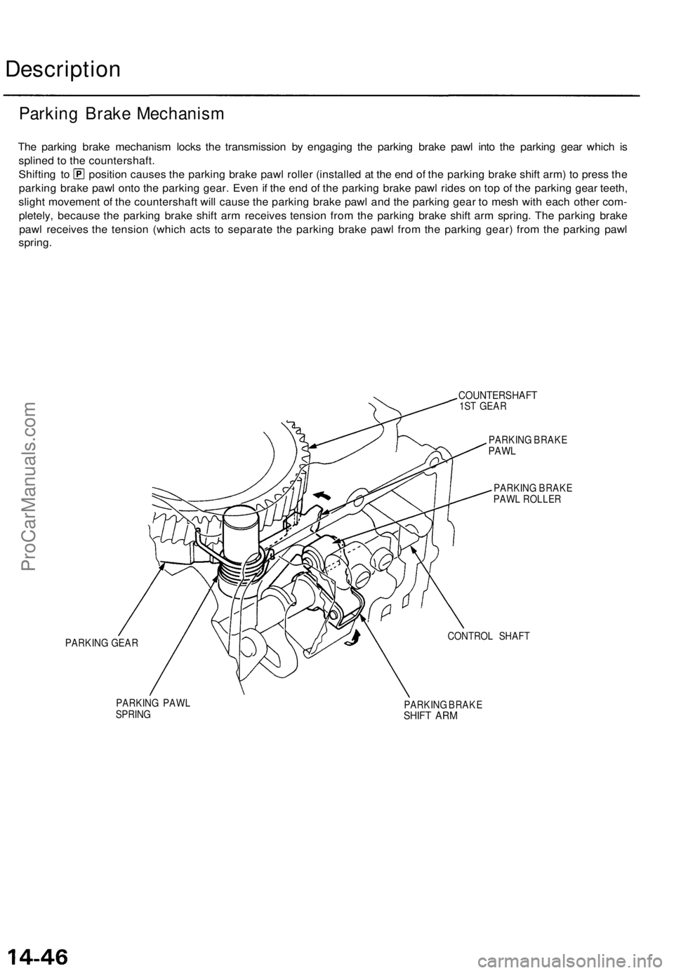 ACURA TL 1995  Service Repair Manual 
Description

The parking brake mechanism locks the transmission by engaging the parking brake pawl into the parking gear which is

splined to the countershaft.

Shifting to position causes the parkin