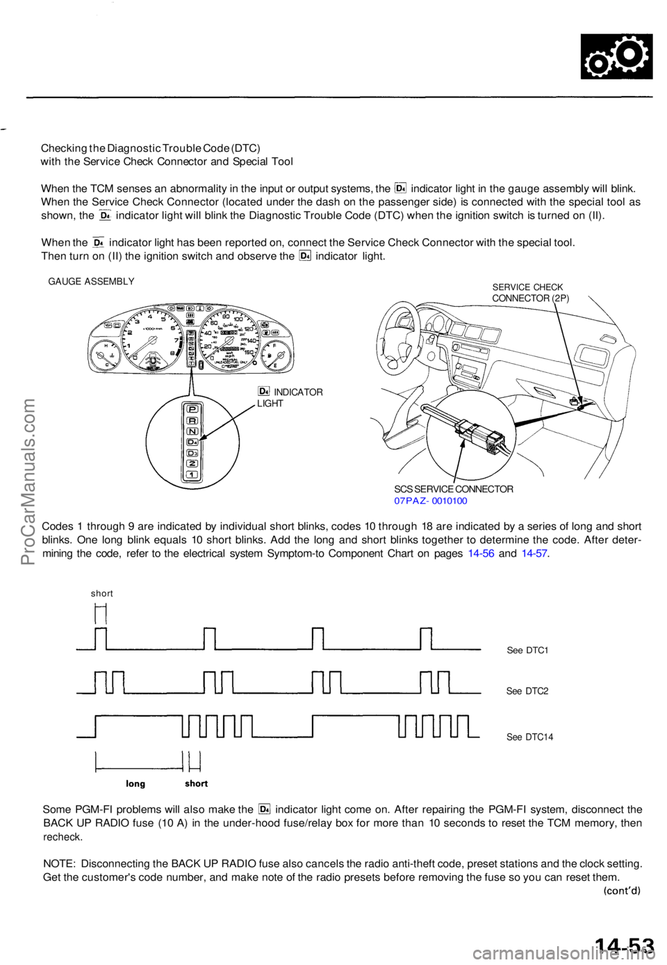 ACURA TL 1995  Service Repair Manual Checking th e Diagnosti c Troubl e Cod e (DTC )
wit h th e Servic e Chec k Connecto r an d Specia l Too l
Whe n th e TC M sense s a n abnormalit y in  th e inpu t o r outpu t systems , th e indicato r