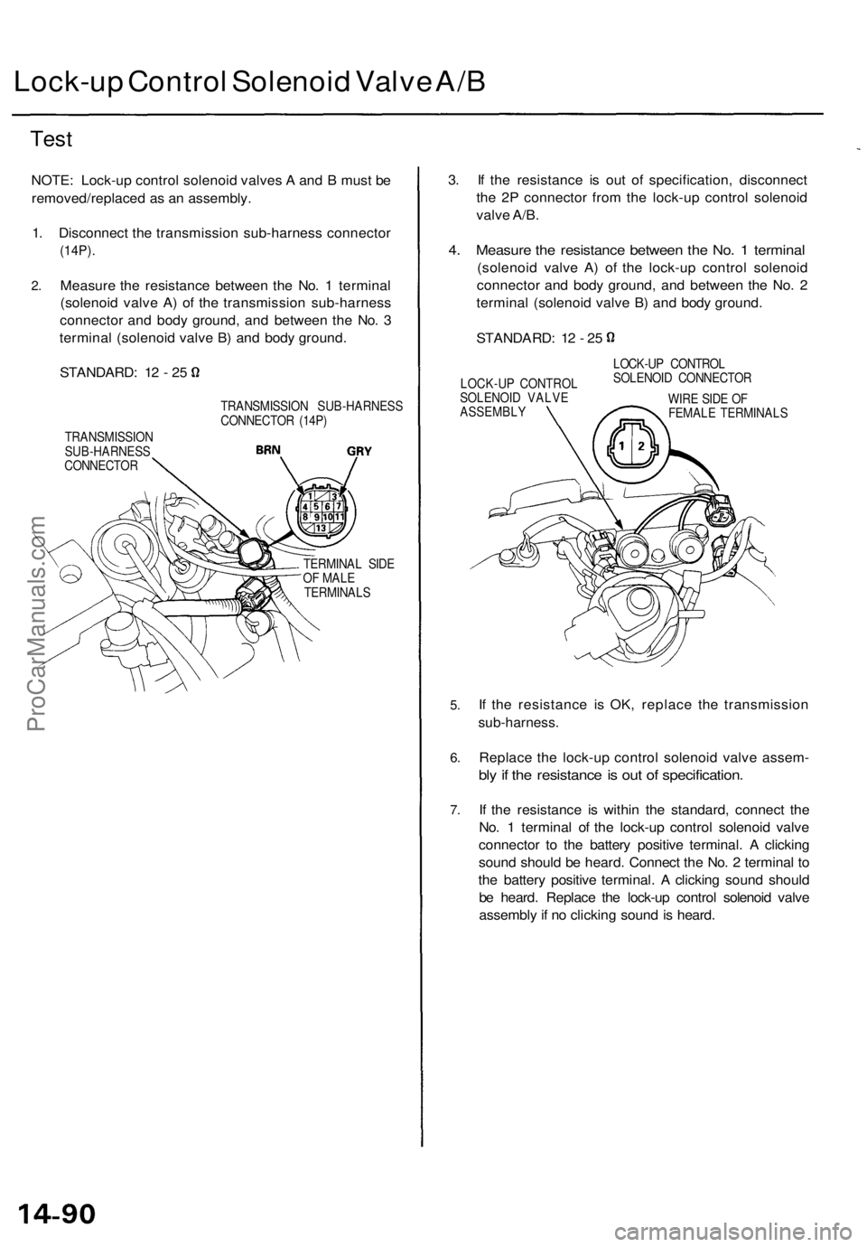 ACURA TL 1995 Service Repair Manual Lock-up Contro l Solenoi d Valv e A/ B
Tes t
NOTE : Lock-u p contro l solenoi d valve s A an d B mus t b e
removed/replace d a s a n assembly .
1 . Disconnec t th e transmissio n sub-harnes s connec ACURA TL 1995 Service Repair Manual Lock-up Contro l Solenoi d Valv e A/ B
Tes t
NOTE : Lock-u p contro l solenoi d valve s A an d B mus t b e
removed/replace d a s a n assembly .
1 . Disconnec t th e transmissio n sub-harnes s connec