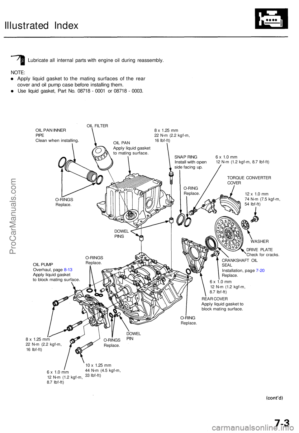 ACURA TL 1995 Service Repair Manual Illustrated Inde x
Lubricat e al l interna l part s wit h engin e oi l durin g reassembly .
NOTE:
Apply liqui d gaske t t o th e matin g surface s o f th e rea r
cove r an d oi l pum p cas e befor e i ACURA TL 1995 Service Repair Manual Illustrated Inde x
Lubricat e al l interna l part s wit h engin e oi l durin g reassembly .
NOTE:
Apply liqui d gaske t t o th e matin g surface s o f th e rea r
cove r an d oi l pum p cas e befor e i