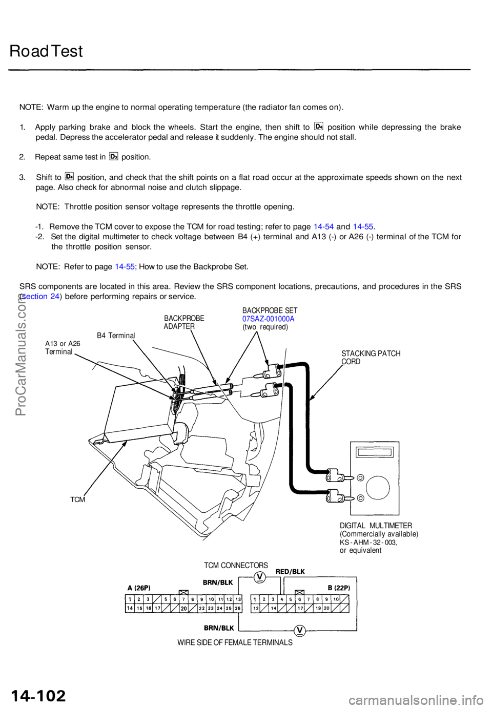 ACURA TL 1995  Service Repair Manual Road Tes t
NOTE : War m u p th e engin e to  norma l operatin g temperatur e (th e radiato r fa n come s on) .
1. Appl y parkin g brak e an d bloc k th e wheels . Star t th e engine , the n shif t t o