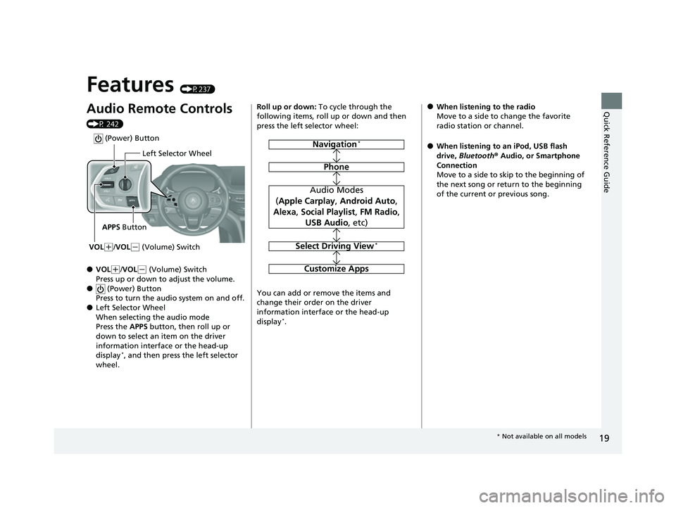 ACURA MDX 2022 Owners Manual 19
Quick Reference Guide
Features (P237)
Audio Remote Controls
(P 242)
●VOL(+/VOL( - (Volume) Switch
Press up or down to adjust the volume.
● (Power) Button
Press to turn the audio system on and ACURA MDX 2022 Owners Manual 19
Quick Reference Guide
Features (P237)
Audio Remote Controls
(P 242)
●VOL(+/VOL( - (Volume) Switch
Press up or down to adjust the volume.
● (Power) Button
Press to turn the audio system on and