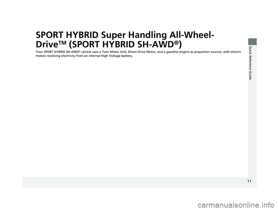 ACURA NSX 2022  Owners Manual 11
Quick Reference Guide
SPORT HYBRID Super Handling All-Wheel-
Drive
TM (SPORT HYBRID SH-AWD®)
Your SPORT HYBRID SH-AWD®  vehicle uses a Twin Motor Unit, Direct Drive Motor, and a gasoline engine a