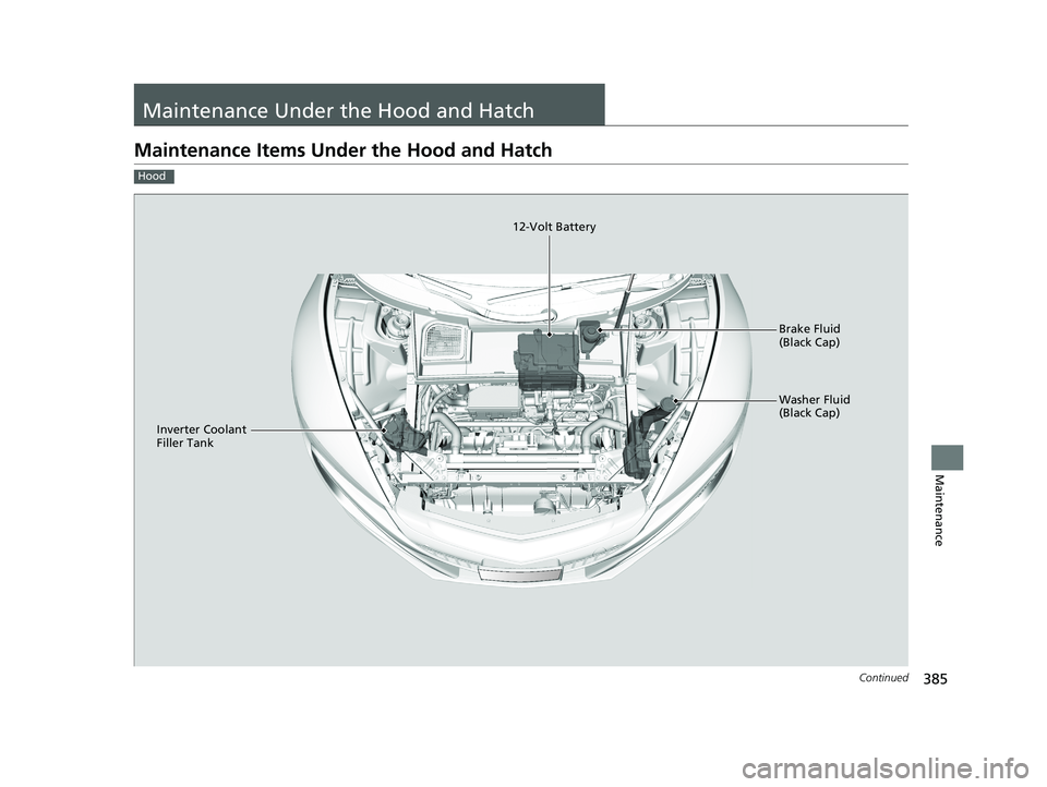 ACURA NSX 2020  Owners Manual 385
Continued
Maintenance
Maintenance Under the Hood and Hatch
Maintenance Items Under the Hood and Hatch
Hood
Brake Fluid  
(Black Cap) 
Washer Fluid  
(Black Cap)
12-Volt Battery
Inverter Coolant  
