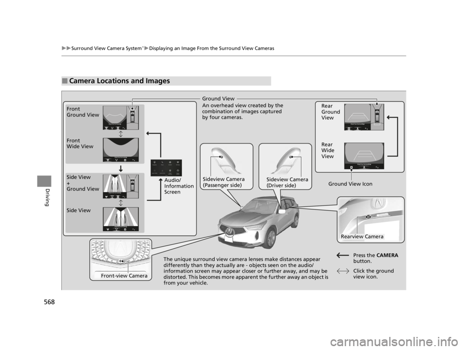 ACURA RDX 2022  Owners Manual 568
uuSurround View Camera System*uDisplaying an Image From the Surround View Cameras
Driving
■Camera Locations and Images
Ground View
An overhead view created by the 
combination of images captured