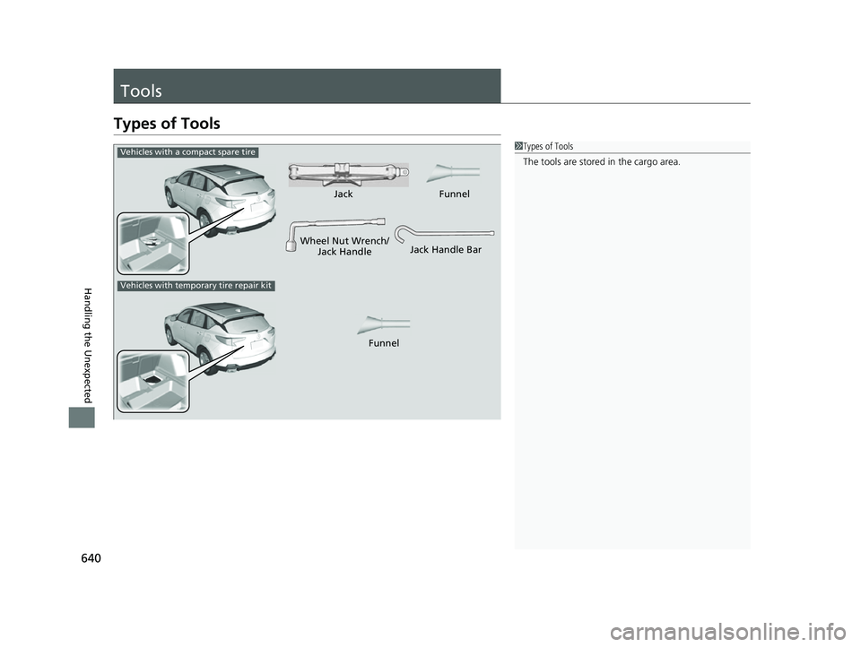 ACURA RDX 2023  Owners Manual 640
Handling the Unexpected
Tools
Types of Tools
1Types of Tools
The tools are stored in the cargo area.
Wheel Nut Wrench/
Jack HandleJack
Jack Handle Bar
Vehicles with a compact spare tire
Vehicles w