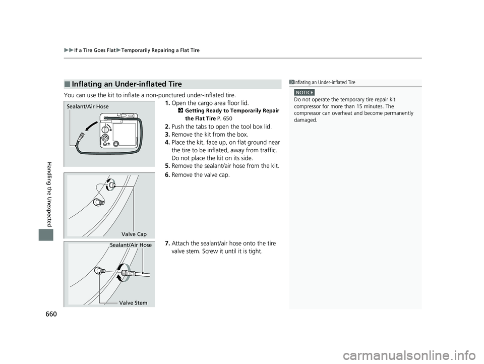 ACURA RDX 2023  Owners Manual uuIf a Tire Goes Flat uTemporarily Repairing a Flat Tire
660
Handling the Unexpected
You can use the kit to inflate a non-punctured under-inflated tire.
1.Open the cargo area floor lid.
2 Getting Read