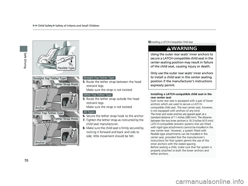 ACURA RDX 2023  Owners Manual uuChild Safety uSafety of Infants and Small Children
70
Safe Driving
5. Route the tether strap between the head 
restraint legs.
Make sure the strap is not twisted.
5. Route the tether strap outside t