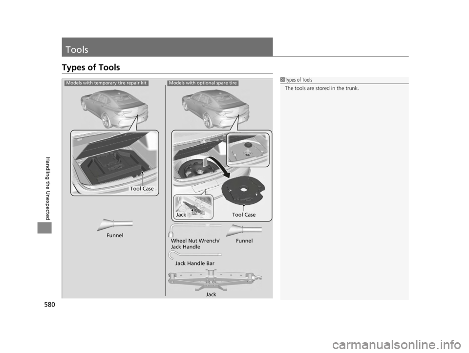 ACURA TLX 2022  Owners Manual 580
Handling the Unexpected
Tools
Types of Tools
1Types of Tools
The tools are stored in the trunk.Models with optional spare tire
Funnel
Models with temporary tire repair kit
Tool Case
Funnel
Wheel N