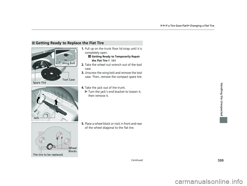 ACURA TLX 2023  Owners Manual 599
uuIf a Tire Goes Flat uChanging a Flat Tire
Continued
Handling the Unexpected
1. Pull up on the trunk floor lid strap until it is 
completely open.
2 Getting Ready to Temporarily Repair 
the Flat 