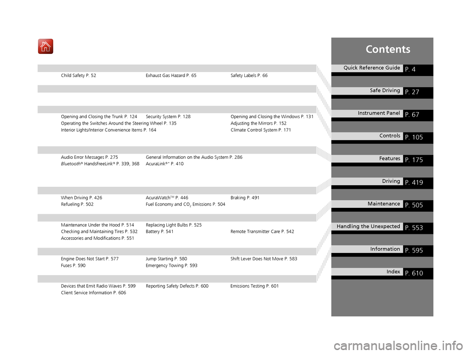 Acura ILX 2019 Owners Manual Contents
Child Safety P. 52Exhaust Gas Hazard P. 65Safety Labels P. 66
Opening and Closing the Trunk P. 124 Security System P. 128 Opening and Closing the Windows P. 131
Operating the Switches Around Acura ILX 2019 Owners Manual Contents
Child Safety P. 52Exhaust Gas Hazard P. 65Safety Labels P. 66
Opening and Closing the Trunk P. 124 Security System P. 128 Opening and Closing the Windows P. 131
Operating the Switches Around