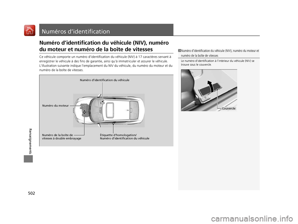 Acura ILX 2017  Manuel du propriétaire (in French) 502
Renseignements
Numéros d’identification
Numéro d’identification du véhicule (NIV), numéro 
du moteur et numéro de la boîte de vitesses
Ce véhicule comporte un numér o d’identificatio