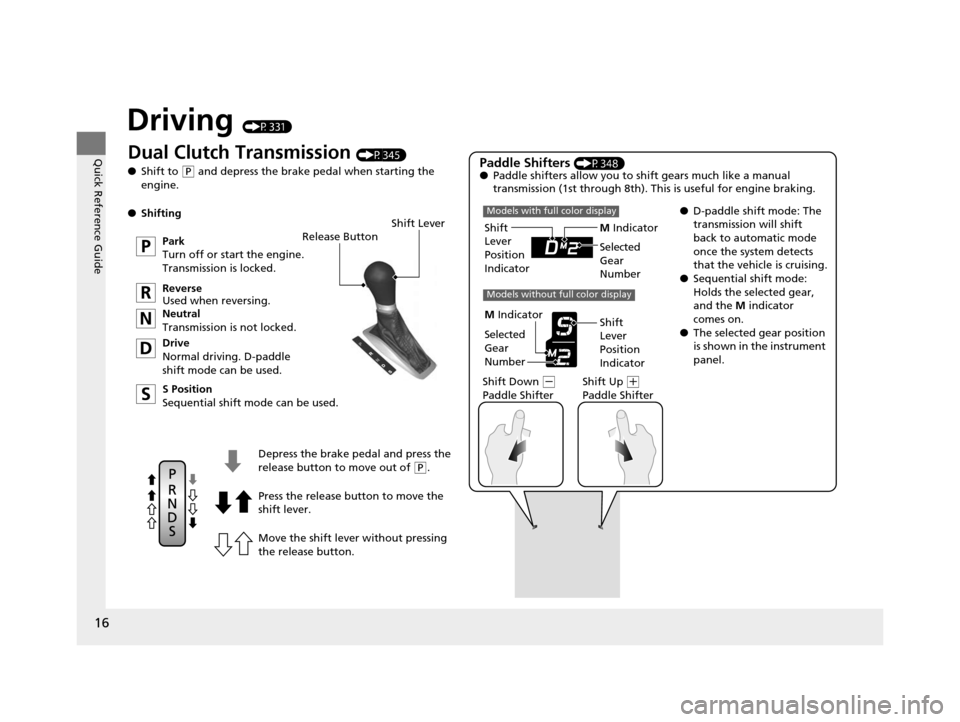 Acura ILX 2016 Owners Manual 16
Quick Reference Guide
Driving (P331)
Release Button
Depress the brake pedal and press the
release button to move out of
( P.
Move the shift lever without pressing
the release button. Press the r Acura ILX 2016 Owners Manual 16
Quick Reference Guide
Driving (P331)
Release Button
Depress the brake pedal and press the
release button to move out of
( P.
Move the shift lever without pressing
the release button. Press the r