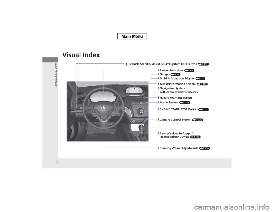 Acura ILX 2014  Owners Manual 2Quick Reference Guide
Quick Reference GuideVisual Index
❙Audio System 
(P 142)
❙Rear Window Defogger/
Heated Mirror Button 
(P 120)
❙Steering Wheel Adjustments 
(P 120)
❙
 (Vehicle Stability 