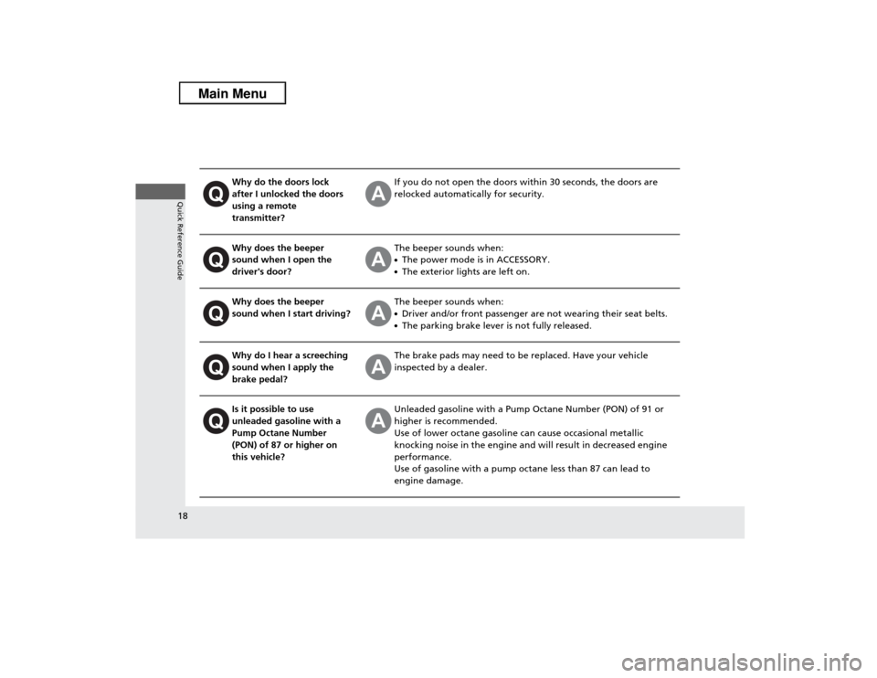 Acura ILX 2013 Owners Manual 18Quick Reference Guide
Why do the doors lock
after I unlocked the doors
using a remote
transmitter?
If you do not open the doors within 30 seconds, the doors are
relocked automatically for securi Acura ILX 2013 Owners Manual 18Quick Reference Guide
Why do the doors lock
after I unlocked the doors
using a remote
transmitter?
If you do not open the doors within 30 seconds, the doors are
relocked automatically for securi