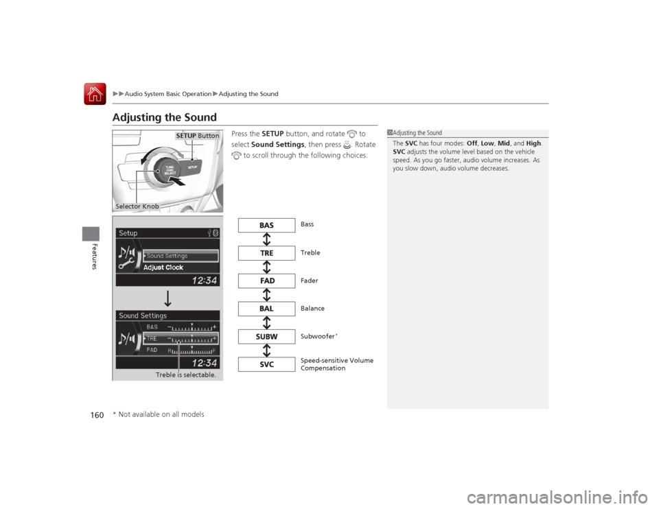 Acura ILX Hybrid 2015  Owners Manual 160
uuAudio System Basic Operation uAdjusting the Sound
Features
Adjusting the Sound
Press the  SETUP button, and rotate   to 
select  Sound Settings , then press  . Rotate 
 to scroll through the fol