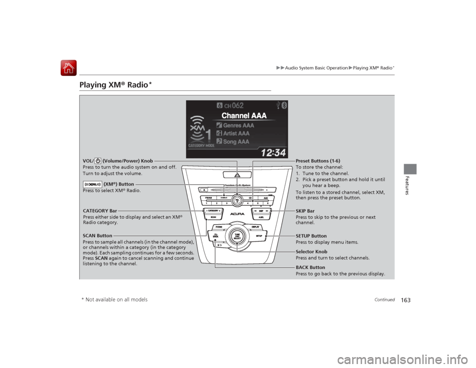 Acura ILX Hybrid 2015  Owners Manual 163
uuAudio System Basic Operation uPlaying XM ® Radio
*
Continued
Features
Playing XM ® Radio
*
SCAN Button
Press to sample all channels (in the channel mode), 
or channels within a category (in th