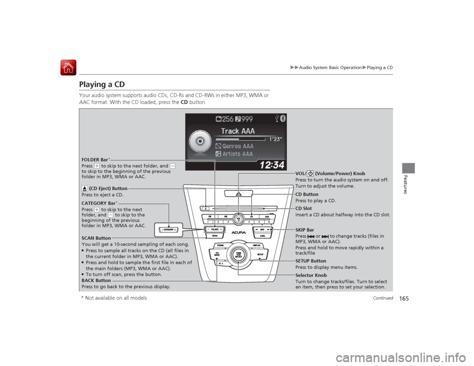 Acura ILX Hybrid 2015  Owners Manual 165
uuAudio System Basic Operation uPlaying a CD
Continued
Features
Playing a CDYour audio system supports audio CDs, CD-Rs and CD-RWs in either MP3, WMA or 
AAC format. With the CD loaded, press the 