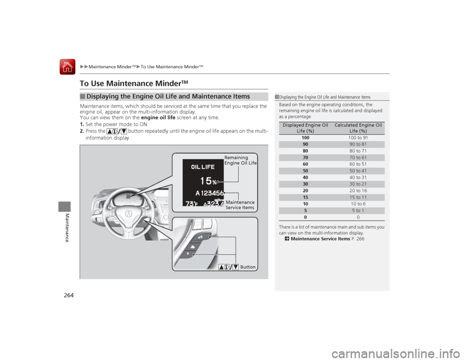 Acura ILX Hybrid 2015  Owners Manual 264
uuMaintenance Minder
TMuTo Use Maintenance Minder
TM
Maintenance
To Use Maintenance Minder
TM
Maintenance items, which should be serviced at the same time that you replace the 
engine oil, appear 