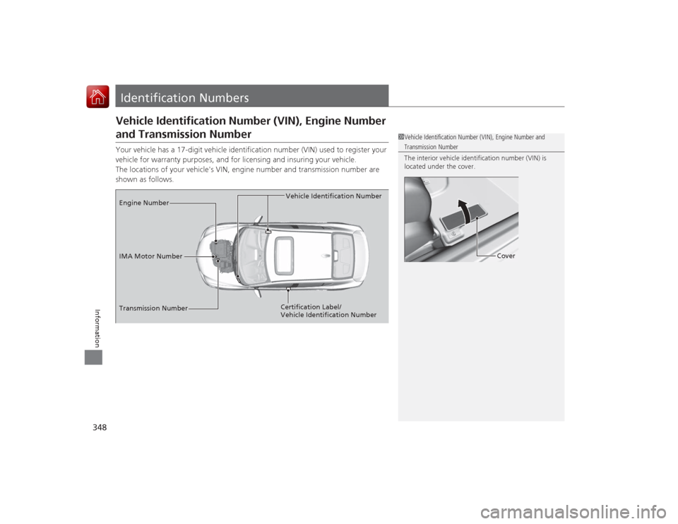 Acura ILX Hybrid 2015  Owners Manual 348Information
Identification NumbersVehicle Identification Number (VIN), Engine Number and Transmission NumberYour vehicle has a 17-digit vehicle identification number (VIN) used to register your 
ve