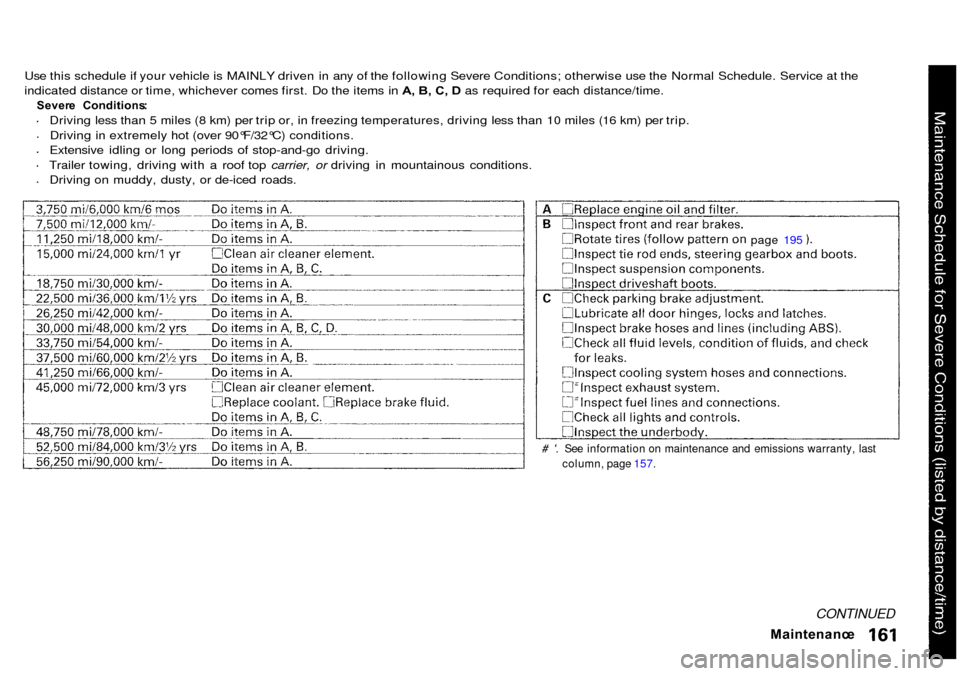 Acura Integra 2000  Sedan Owners Manual 
Use this schedule if your vehicle is MAINLY driven in any of the following Severe Conditions; otherwise use the Normal Schedule. Service at the
indicated distance or time, whichever comes first. Do t