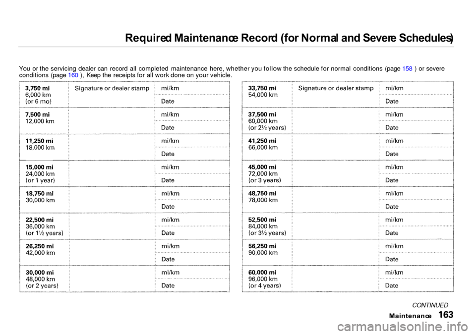 Acura Integra 2000  Sedan Owners Manual 
Require
d Maintenanc e Recor d (fo r Norma l an d Sever e Schedules )
You or the servicing dealer can record all completed maintenance here, whether you follow the schedule for normal conditions (pag