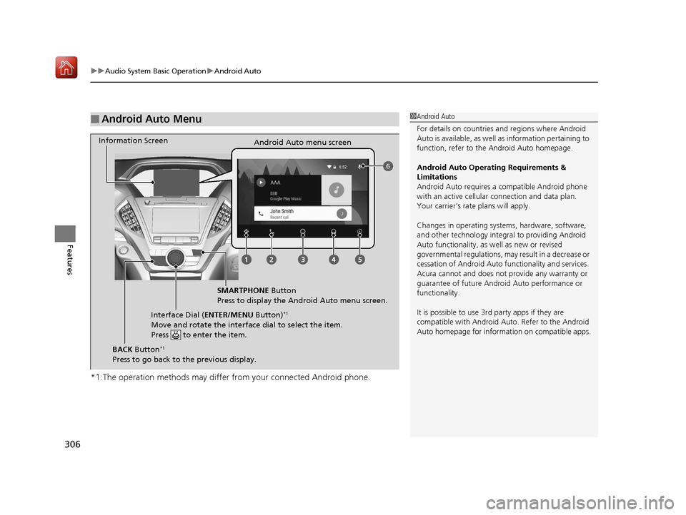 Acura MDX 2019 Owners Manual uuAudio System Basic Operation uAndroid Auto
306
Features
*1:The operation methods may differ from your connected Android phone.
■Android Auto Menu1Android Auto
For details on c ountries and regions Acura MDX 2019 Owners Manual uuAudio System Basic Operation uAndroid Auto
306
Features
*1:The operation methods may differ from your connected Android phone.
■Android Auto Menu1Android Auto
For details on c ountries and regions