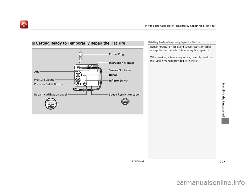 Acura MDX 2019  Owners Manual Continued637
uuIf a Tire Goes Flat uTemporarily Repairing a Flat Tire*
Handling the Unexpected
■Getting Ready to Temporarily Repair the Flat Tire1Getting Ready to Temporarily Repair the Flat Tire
Re