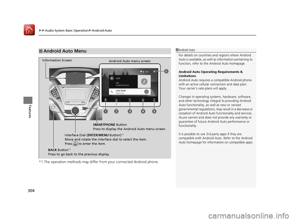 Acura MDX 2018 Owners Manual uuAudio System Basic Operation uAndroid Auto
304
Features
*1:The operation methods may differ from your connected Android phone.
■Android Auto Menu1Android Auto
For details on c ountries and regions Acura MDX 2018 Owners Manual uuAudio System Basic Operation uAndroid Auto
304
Features
*1:The operation methods may differ from your connected Android phone.
■Android Auto Menu1Android Auto
For details on c ountries and regions