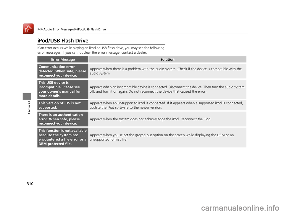Acura MDX 2018 Owners Manual 310
uuAudio Error Messages uiPod/USB Flash Drive
Features
iPod/USB Flash Drive
If an error occurs while play ing an iPod or USB flash driv e, you may see the following
error messages. If you cannot c Acura MDX 2018 Owners Manual 310
uuAudio Error Messages uiPod/USB Flash Drive
Features
iPod/USB Flash Drive
If an error occurs while play ing an iPod or USB flash driv e, you may see the following
error messages. If you cannot c